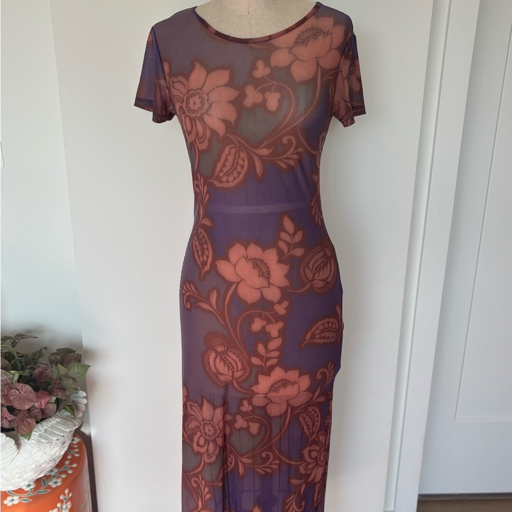 Anthropologie Plum Sheer Maxi Coverup with Rust Floral Print